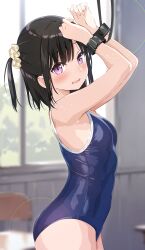 Rule 34 | 1girl, absurdres, arms up, bare arms, bare shoulders, blue one-piece swimsuit, blurry, blurry background, blush, breasts, brown hair, chair, cowboy shot, cuffed, from side, highres, indoors, looking at viewer, medium hair, miyuki (yxbt7), one-piece swimsuit, one side up, original, pink eyes, restrained, school swimsuit, shiny clothes, shiny skin, small breasts, swimsuit, window