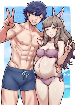 1boy 1girl ;) alternate_costume bikini blue_male_swimwear blue_sky border bow bow_bikini breasts brown_hair chrom_(fire_emblem) cleavage closed_mouth cloud commentary commission day english_commentary fire_emblem fire_emblem_awakening grin hair_ornament highres long_hair looking_at_viewer male_swimwear medium_breasts muscular muscular_male navel nintendo one_eye_closed outside_border pearl_hair_ornament pectorals pregnant purple_bikini rotomdocs side-tie_bikini_bottom sky smile stomach sumia_(fire_emblem) swim_trunks swimsuit teeth thighs topless_male v white_border wing_hair_ornament