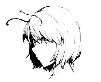 Rule 34 | 1girl, antennae, closed mouth, commentary, expressionless, greyscale, looking at viewer, monochrome, portrait, sadahiro (chicken nugget gyuuniku aji), short hair, simple background, solo, touhou, wriggle nightbug