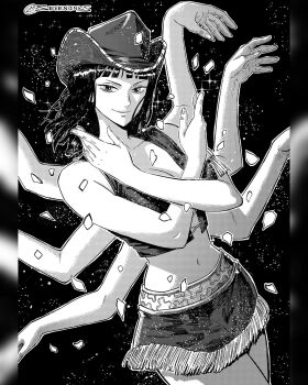 1girl blunt_bangs breasts cleavage commentary cowboy_hat cowboy_shot cropped_vest extra_arms hat highres instagram_username medium_breasts medium_hair midriff miniskirt navel nico_robin one_piece pillarboxed seveninks skirt smile solo vest x_arms
