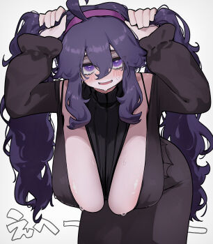 1girl ahoge bare_shoulders black_dress blush breasts cleavage commentary_request dress hairband hex_maniac_(pokemon) hex_maniac_(pokemon_xy) highres hizake_mozu huge_breasts leaning_forward long_hair long_sleeves looking_at_viewer nintendo open_mouth pokemon pokemon_xy purple_eyes purple_hair purple_hairband solo sweat twintails