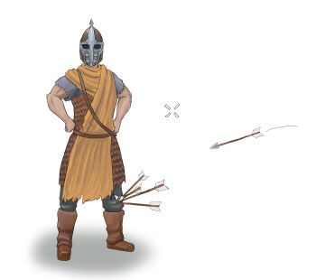 1boy armor arrow_(projectile) arrow_to_the_knee boots cursor full_body guard guard_(skyrim) guards hands_on_own_hips helm helmet major_injury_underreaction male_focus mask meme samo_(samodayo) samodayo simple_background solo standing the_elder_scrolls the_elder_scrolls_v:_skyrim white_background