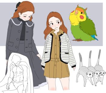 1girl bird blush coat guobad_x highres long_hair looking_at_viewer multiple_views original parakeet raccoon smile