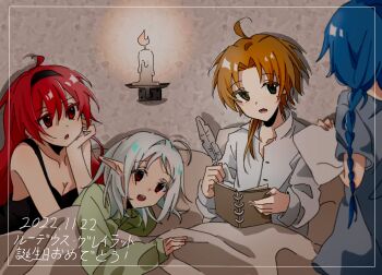 1boy 3girls ahoge black_tiara braid brown_hair candle diary elf eris_greyrat green_pajamas highres holding holding_quill husband_and_wives multiple_girls mushoku_tensei on_bed pajamas pointy_ears quill red_eyes red_hair ringori84372911 roxy_migurdia rudeus_greyrat sylphiette_(mushoku_tensei) talking tiara white_hair writing