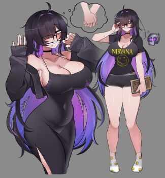 1girl ahoge black_choker black_dress black_hair black_shirt black_shorts black_sweater breasts censored choker cleavage clothes_writing commentary covered_navel dolphin_shorts dress drooling emoji_print english_commentary glasses goddess_of_victory:_nikke highres holding_hands imagining label_(nikke) large_breasts long_hair messy_hair mole mole_on_breast mosaic_censoring mouth_drool multicolored_hair multiple_views nirvana_(band) purple_hair shirt shorts simple_background skull socks speech_bubble sweater thighs thought_bubble ti_keep two-tone_hair very_long_hair white_socks