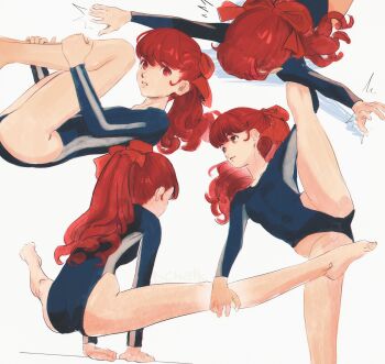 1girl ass breasts butterchalk calm exercising gymnastics highres leotard long_hair looking_at_viewer multiple_views persona persona_5 persona_5_the_royal ponytail red_eyes red_hair red_ribbon ribbon small_breasts solo_focus split spread_legs stretching thighhighs yoshizawa_kasumi