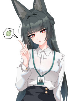Rule 34 | 1girl, absurdres, alternate costume, animal ears, black hair, black skirt, blunt bangs, breasts, bright pupils, collared shirt, commentary, food, fox ears, fox girl, fruit, highres, hoshimi miyabi, index finger raised, lanyard, long hair, looking at viewer, maxwelzy, medium breasts, melon, office lady, open mouth, orange eyes, shirt, shirt tucked in, simple background, skirt, solo, spoken food, upper body, white background, white pupils, white shirt, zenless zone zero
