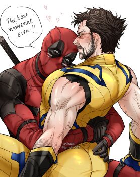 2boys arm_hair ass back bara beard black_gloves blush bodysuit brown_hair commentary couple deadpool deadpool_&amp;_wolverine deadpool_(series) english_commentary english_text face_to_pecs facial_hair gloves grabbing_another's_ass groping head_tilt heart highres hug jams large_pectorals male_focus marvel mature_male multicolored_bodysuit multiple_boys muscular muscular_male pectorals red_bodysuit red_mask short_hair sitting sitting_on_lap sitting_on_person sleeveless superhero_costume sweatdrop sword sword_on_back two-tone_bodysuit veins veiny_arms weapon weapon_on_back wolverine_(x-men) x-men yaoi yellow_bodysuit