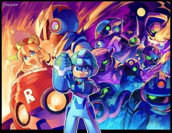Rule 34 | 1girl, 6+boys, air man, arm cannon, blonde hair, blue eyes, blue helmet, break man, character request, crash man, fire man, glowing, glowing eye, green eyes, helmet, high ponytail, long hair, mega man (character), mega man (classic), mega man (series), mega man 2, metal man, mogy64, multiple boys, ponytail, proto man, red helmet, roll (mega man), scarf, weapon, wood man, yellow scarf