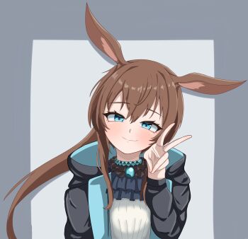 1girl absurdres amiya_(arknights) animal_ears arknights ascot black_ascot black_jacket blue_collar blue_eyes blue_jacket blush brown_hair closed_mouth collar commentary gem grey_sweater hair_between_eyes hand_up highres jacket long_hair long_sleeves nazono_s9n open_clothes open_jacket ribbed_sweater smile solo sweater two-sided_fabric two-sided_jacket v