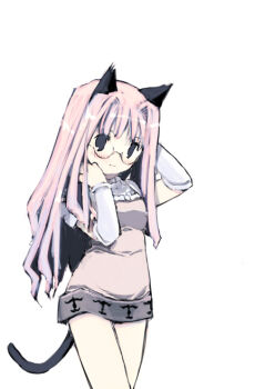 1girl animal_ears armor armored_dress black-framed_eyewear blush cat_ears cat_girl cat_tail closed_mouth commentary_request cowboy_shot dress ganges_gawa glasses grey_eyes knight_(ragnarok_online) long_hair looking_at_viewer pauldrons pink_hair ragnarok_online shoulder_armor simple_background smile solo tail vambraces white_background