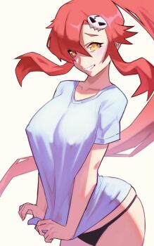 1girl black_pantyhose breasts covered_erect_nipples grin hair_ornament highres large_breasts long_hair looking_at_viewer pantyhose ponytail red_hair shirt shirt_tug sidelocks simple_background skindentation skull_hair_ornament smile solo t-shirt tengen_toppa_gurren_lagann ura_dora white_background white_shirt yellow_eyes yoko_littner