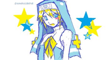 1boy :d bare_shoulders blonde_hair blue_eyes bridget_(guilty_gear) collarbone guilty_gear looking_at_viewer microsoft_paint_(medium) open_mouth ramchocolethal smile solo star_(symbol) star_symbol_background trap twitter_username veil white_background