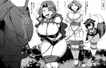 3girls animal_ears backpack bag bdsm before_and_after blush bondage bound breast_bondage breasts coffle crotch_rope defeat garter_belt garter_straps greyscale highres instant_loss jumping knife large_breasts long_hair monochrome multiple_girls original outdoors rebake rope sandals sheath sheathed shibari short_hair sweat tail thighhighs thighs translation_request underwear