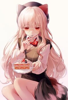 1girl black_vest blunt_bangs cake cream cream_on_face food food_on_face glasses highres holding holding_plate long_hair long_sleeves looking_at_viewer mouth_hold original plate red_eyes thighs vest wavy_hair white_background white_hair yp1091
