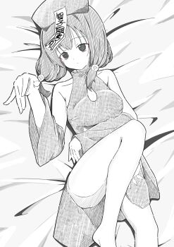 1girl absurdres alternate_costume arm_under_breasts azuminonomizua bare_shoulders bed_sheet breasts china_dress chinese_clothes closed_mouth commentary_request cowboy_shot detached_sleeves dress expressionless greyscale hat highres jiangshi_costume leg_up looking_at_viewer lying medium_breasts monochrome ofuda ofuda_on_head on_back on_bed short_hair sleeveless sleeveless_dress solo tamura_yuri watashi_ga_motenai_no_wa_dou_kangaetemo_omaera_ga_warui!