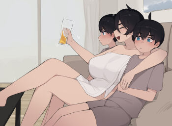 1girl 2boys age_difference akiyama_toru_(pepper0) akiyama_yuto_(pepper0) alcohol aunt_and_nephew beer black_hair blue_eyes blush brothers commentary couch cup highres holding holding_cup incest indoors miyamoto_chihiro_(pepper0) multiple_boys naked_towel on_couch onee-shota open_mouth original pepper0 short_hair shota siblings smile symbol-only_commentary towel