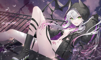1girl black_boots black_hands black_jacket black_panties body_markings boots breasts choker cleavage colored_extremities crossed_bangs demon_girl demon_horns ear_piercing fate/grand_order fate_(series) gabiran green_eyes grey_hair hair_between_eyes highres hood horns jacket lilith_(fate) lilith_(first_ascension)_(fate) long_hair long_sleeves looking_at_viewer low_twintails medium_breasts navel open_clothes open_jacket open_mouth oversized_object panties piercing scissors sitting smile stomach_tattoo tattoo thigh_strap twintails underwear