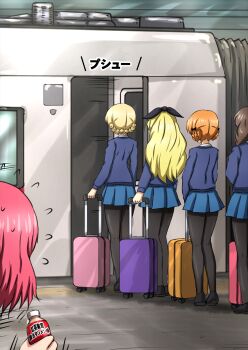 5girls assam_(girls_und_panzer) black_footwear black_pantyhose black_ribbon blonde_hair blue_skirt blue_sweater bottle braid braided_ponytail brown_hair commentary darjeeling_(girls_und_panzer) dress_shirt facing_away flying_sweatdrops girls_und_panzer hair_over_shoulder hair_ribbon highres holding holding_bottle loafers long_hair long_sleeves looking_at_another medium_hair miniskirt motion_lines multiple_girls omachi_(slabco) orange_hair orange_pekoe_(girls_und_panzer) pantyhose pleated_skirt queue red_hair ribbon rolling_suitcase rosehip_(girls_und_panzer) rukuriri_(girls_und_panzer) school_uniform shirt shoes short_hair single_braid skirt st._gloriana's_school_uniform suitcase sweater train train_station translated twin_braids white_shirt