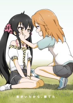 :d aayh animal_print ball between_legs black_hair black_shorts black_skirt black_socks blue_shoes brown_eyes brown_hair comiket_106 commentary_request cover cover_page hair_ribbon hand_between_legs hood hood_down hoodie idolmaster idolmaster_cinderella_girls jacket leopard_print long_hair matoba_risa off-shoulder_jacket off_shoulder on_ground open_mouth pink_ribbon profile puffy_short_sleeves puffy_sleeves raglan_sleeves ribbon shoe_soles shoes short_shorts short_sleeves shorts sitting skirt smile soccer_ball socks squatting tears tiptoes translation_request twintails very_long_hair wariza white_hoodie white_jacket white_shoes wiping_tears yuuki_haru