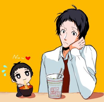 Rule 34 | 2boys, adachi tooru, ajirostudio, black hair, chibi, chopsticks, closed mouth, collared shirt, commentary request, dual persona, eating, flying sweatdrops, food, grey eyes, head rest, heart, highres, holding, holding chopsticks, instant cup noodles, instant noodles, long sleeves, looking down, male focus, multiple boys, necktie, noodles, orange background, persona, persona 4, ramen, red necktie, shirt, short hair, simple background, upper body, white shirt