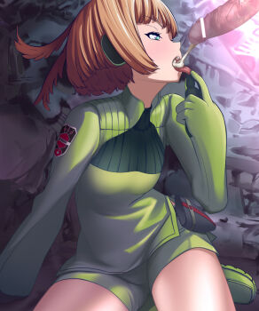 1boy 1girl bar_censor blonde_hair blue_eyes boots censored chemical_flow commentary_request cum cum_in_mouth cum_on_tongue ejaculation feather_hair gloves green_boots green_gloves green_shorts green_sweater highres konami_kirie oral_invitation penis short_hair shorts solo_focus sweater tongue tongue_out world_trigger