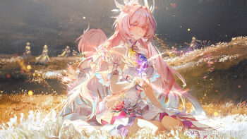 2boys 6+girls aglaea_(honkai:_star_rail) anaxa_(honkai:_star_rail) bare_shoulders castorice_(honkai:_star_rail) chrysos_heirs_(honkai:_star_rail) cipher_(honkai:_star_rail) closed_mouth cyrene_(aedes_elysiae)_(honkai:_star_rail) cyrene_(honkai:_star_rail) cyrene_(ripples_of_past_reverie)_(honkai:_star_rail) dress dual_persona fading hand_up highres honkai:_star_rail honkai_(series) hyacine_(honkai:_star_rail) long_hair luo29541090 multiple_boys multiple_girls mydei_(honkai:_star_rail) outdoors phainon_(honkai:_star_rail) pink_hair purple_eyes short_sleeves sitting smile tribbie_(honkai:_star_rail) very_long_hair watermark weibo_watermark white_dress