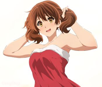 1girl alternate_costume armpits arms_up bare_arms bare_shoulders blush brown_hair bunching_hair commentary_request dress hibike!_euphonium looking_at_viewer open_mouth oumae_kumiko red_dress santa_costume santa_dress short_hair simple_background solo strapless strapless_dress upper_body usagihop white_background yellow_eyes