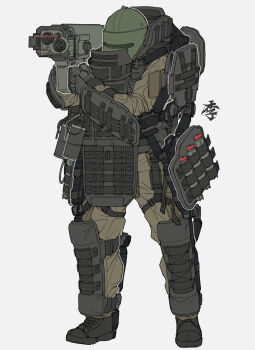 1other absurdres ammunition artist_logo belt black_boots body_armor boots brown_pants brown_shirt bulletproof_vest commentary english_commentary explosive faceless full_body green_headwear grenade helmet highres holding holding_rocket_launcher holding_weapon lace-up_boots laser laser_pointer laser_pointer_projection logo looking_to_the_side military military_operator multishot_rocket_launcher obokhan original pants rocket_launcher shirt simple_background sketch solo standing tactical_clothes weapon white_background