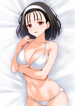 1girl arm_under_breasts bed_sheet bikini black_hair blush breasts brown_eyes cleavage collarbone commission engo_(aquawatery) hairband highres kazama_jun large_breasts looking_at_viewer medium_hair namco navel on_bed open_mouth pixiv_commission solo swimsuit tekken tekken_2 tekken_8 tekken_tag_tournament tekken_tag_tournament_2 underboob white_bikini white_hairband
