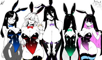 2channel 6+girls absurdres alexandrina_sebastiane animal_ears bags_under_eyes bare_shoulders black_hair blue_bow blue_bowtie blue_eyes blue_hair blue_leotard blunt_bangs borrowed_character bow bowtie breasts cleavage closed_mouth colored_inner_hair covered_navel detached_collar dress fake_animal_ears fake_tail ghost_girl glasgow_smile green_leotard hair_between_eyes hair_over_one_eye hasshaku-sama height_difference highleg highleg_leotard highres huge_breasts jaggy_lines japanese_urban_legends lahla_(mario) large_breasts leotard long_fingers long_hair long_hair_between_eyes looking_at_viewer lughost mario_(series) multicolored_hair multiple_girls nintendo noss_&amp;_zakuro noss_(rariatto) open_mouth original panty_&amp;_stocking_with_garterbelt pantyhose paper_mario paper_mario:_the_thousand-year_door playboy_bunny purple_bow purple_bowtie purple_leotard rabbit_ears rabbit_tail red_bow red_bowtie red_eyes red_leotard simple_background size_difference small_breasts smile spooky's_house_of_jump_scares spooky_(shojs) stocking_(psg) strapless strapless_leotard streaked_hair striped_clothes striped_leggings striped_thighhighs tail tall_female the_ring thighband_pantyhose thighhighs traditional_bowtie two-tone_hair vampire very_long_hair wavy_mouth white_hair wide_hips wrist_cuffs yamamura_sadako zenless_zone_zero