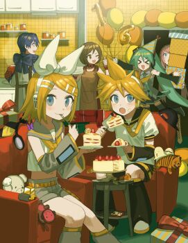 >_< 2boys 4girls ;d absurdres anniversary apron aqua_hair aqua_necktie arm_tattoo arm_warmers balloon bird birthday birthday_cake black_footwear black_sailor_collar black_shorts blonde_hair blue_bow blue_eyes blue_hair blue_scarf bow box brown_apron brown_eyes brown_hair bulldozer cake cake_slice collar controller cooking_pot couch eating facial_hair flower food fork fruit game_controller gift gift_box gloves grey_sailor_collar grey_shorts hair_bow hat hatsune_miku hayama_hashiwo headphones headset highres holding holding_balloon holding_cooking_pot holding_fork holding_gift holding_plate jar kagamine_len kagamine_rin kaito_(vocaloid) kitchen leg_warmers megurine_luka meiko_(vocaloid) mob_face monkey multiple_boys multiple_girls mustache navel neckerchief necktie one_eye_closed open_mouth pink_hair plate pleated_skirt red_collar red_shirt remote_control rose sailor_collar scarf shirt shoes shorts siblings sitting skirt smile strawberry stuffed_animal stuffed_toy tattoo teddy_bear thumbs_up tiger tile_wall tiles toy twins twintails utensil_in_mouth vocaloid white_bow white_shirt yellow_flower yellow_nails yellow_neckerchief yellow_necktie yellow_rose yellow_shoes