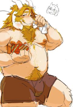 1boy 1girl artxtcy111 asgore_dreemurr bara belly blonde_hair blush box boxers bulge chest_hair chibi chinese_commentary commentary_request fat fat_man floppy_ears furry furry_male gift gift_box goat_horns highres holding holding_gift holding_sack horns looking_at_viewer male_underwear navel navel_hair nipples pectorals purple_male_underwear ribbon sack topless_male toriel undertale underwear utdr_(toby_fox) white_background white_fur