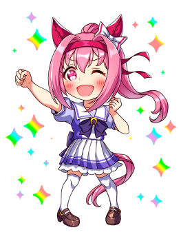 1girl animal_ears blush bow bowtie chibi chibi_only clenched_hands commentary_request ear_bow ear_covers flower-shaped_pupils flower_in_eye full_body hairband haru_urara_(umamusume) headband highres horse_ears horse_girl horse_tail long_hair looking_at_viewer one_eye_closed open_mouth pink_eyes pink_hair pink_headband pleated_skirt ponytail puffy_short_sleeves puffy_sleeves purple_bow purple_bowtie purple_shirt red_headband sailor_collar sailor_shirt school_uniform shirt shoes short_sleeves skirt smile solo sugimotty_nova symbol-shaped_pupils symbol_in_eye tail thighhighs tracen_school_uniform umamusume white_sailor_collar white_skirt white_thighhighs zettai_ryouiki