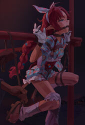 1girl a_tea ahoge arknights bdsm blue_eyes blush bondage bound bound_arms bound_legs braid breasts chinese_commentary commentary_request crotch_rope crying crying_with_eyes_open dress fangs frilled_dress frills full_body gag gagged geta gloves headband highres leg_warmers loli long_hair looking_to_the_side myrtle_(arknights) myrtle_(bustling_festival)_(arknights) official_alternate_costume pointy_ears red_hair rope_gag separated_arms shibari shibari_over_clothes short_sleeves skindentation small_breasts solo suspension tears very_long_hair white_gloves