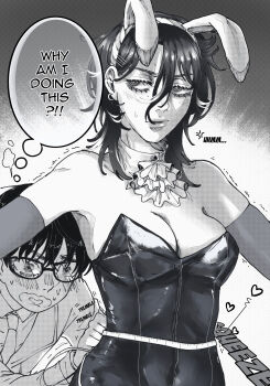 1boy 1girl absurdres anger_vein animal_ear_hairband animal_ears ascot bags_under_eyes bare_shoulders breasts cleavage commentary dessins_ness detached_collar earrings english_commentary english_text fake_animal_ears frilled_ascot frills glasses greyscale hairband head_steam hetero highres jewelry leotard measuring medium_breasts monochrome nervous_sweating original outstretched_arms playboy_bunny rabbit_ear_hairband rabbit_ears speech_bubble strapless strapless_leotard sweat tape_measure thought_bubble trembling waist_measuring wavy_mouth
