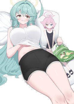 1girl absurdres ahoge aqua_hair bare_legs black_shorts blue_archive breasts chips_(food) commentary dakimakura_(object) dolphin_shorts eating feet_out_of_frame food food_on_face halo hand_under_clothes hand_under_shirt highres hoshino_(blue_archive) hoshino_(first_year)_(blue_archive) huge_ahoge huge_breasts korean_commentary long_hair lying navel on_back pillow potato_chips shirt short_shorts shorts simple_background solo straight_hair tomid very_long_hair white_background white_shirt yume_(blue_archive)