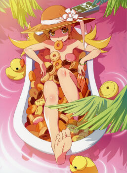 1girl absurdres blonde_hair blush_stickers bracelet chocolate_donut collarbone completely_nude donut elbow_blush elbow_rest exit_sign feet flat_chest flipped_hair food foreshortening french_cruller full_body hair_flaps hat hat_ribbon highres holding holding_menu in_bathtub in_food jewelry knee_blush long_hair looking_at_viewer menu monogatari_(series) mouth_hold non-web_source nude official_art oshino_shinobu outdoors palm_leaf partially_shaded_face pink_donut pink_water ribbon ringed_eyes ripples rubber_duck scan shade sidelighting smile solo straw_hat toes too_many too_much_food very_long_hair watanabe_akio water white_ribbon yellow_eyes