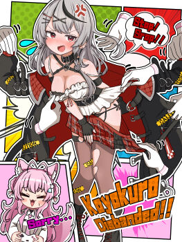 2girls absurdres anger_vein animal_ears antenna_hair bra breasts cleavage collarbone commentary commentary_request english_commentary english_text fang fingerless_gloves fingernails gloves grey_hair hair_ornament hakui_koyori highres hololive jacket long_hair medium_breasts multiple_girls panties pink_hair red_eyes sakamata_chloe string_panties sweat thighhighs torn_clothes torn_thighhighs translation_request typo underwear undressing undressing_another virtual_youtuber x_hair_ornament yadokaribeer