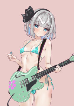 1girl bikini blue_eyes bow grey_hair guitar guitar_strap hair_bow highres instrument konpaku_youmu plectrum ribs smile soara_shimomo swimsuit touhou