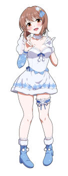 1girl absurdres ankle_boots asymmetrical_sleeves bare_shoulders blue_boots blunt_ends bob_cut boots breasts brown_eyes brown_hair choker collarbone commentary_request double_fox_shadow_puppet dress fox_shadow_puppet frilled_thigh_strap full_body fur_collar gloves hagiwara_yukiho highres idol_clothes idolmaster idolmaster_(classic) kyo9999 open_mouth pigeon-toed pom_pom_(clothes) short_dress short_hair simple_background single_glove smile snowflake_liliput_(idolmaster) snowflake_print solo standing thigh_strap white_background white_dress