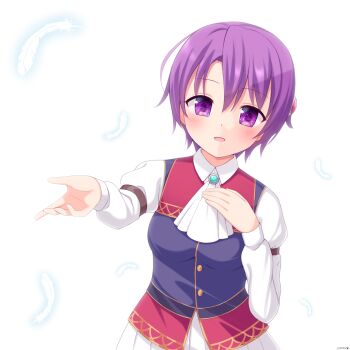 1girl ascot blush breasts brooch cassis_(orleans13x) double-parted_bangs eiyuu_densetsu falling_feathers feathers hair_between_eyes highres jacket jewelry kloe_rinz medium_breasts open_mouth outstretched_arm purple_eyes purple_hair school_uniform short_hair simple_background smile solo sora_no_kiseki upper_body white_ascot white_background