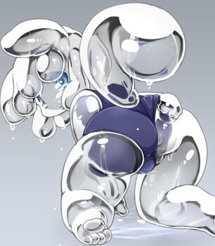 1girl akanehanagoi all_fours anus ass blue_eyes concon-collector female_focus from_behind furry furry_female grey_background huge_ass looking_back monster_girl one-piece_swimsuit partially_visible_vulva plump simple_background slime_girl solo swimsuit tail thick_thighs thighs transparent wide_hips