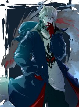 1boy absurdres animal_ears aosta_(arknights) arknights bishounen black_pants blue_coat blue_jacket coat commentary_request cowboy_shot gloves grey_hair hair_between_eyes hand_in_pocket hand_up highres hood hooded_coat jacket long_sleeves looking_at_viewer male_focus merry_(secilhodoshima) open_clothes open_coat pants red_gloves shirt short_hair signature solo tail white_hair white_shirt wolf_boy wolf_ears wolf_tail yellow_eyes