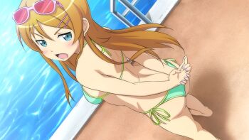 1girl :< aqua_bikini arms_behind_back ass back barefoot bikini brown_hair dutch_angle embarrassed eyewear_on_head frown game_cg hair_ornament hairclip halterneck kousaka_kirino long_hair looking_back official_art open_mouth ore_no_imouto_ga_konna_ni_kawaii_wake_ga_nai pool pool_ladder poolside side-tie_bikini_bottom solo string_bikini sunglasses swimsuit v-shaped_eyebrows water