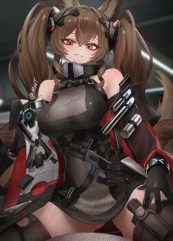 1girl :3 absurdres angelina_(arknights) animal_ear_fluff animal_ears arknights arknights:_endfield bare_shoulders belt black_gloves black_thighhighs blush bracelet breasts brown_eyes brown_hair closed_mouth coat commentary covered_navel detached_sleeves diamond-shaped_pupils diamond_(shape) dress fox_ears fox_girl fox_tail gilberta_(arknights) gloves grey_dress hair_between_eyes high_belt high_collar highres impossible_clothes impossible_dress infection_monitor_(arknights) jewelry large_breasts long_hair long_sleeves looking_at_viewer mildt off_shoulder open_clothes open_coat red_coat red_sleeves sleeveless sleeveless_dress smile solo symbol-shaped_pupils tail tail_raised thighhighs twintails upper_body