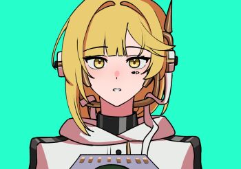 Rule 34 | 1girl, aqua background, blonde hair, coat, haihaiera, looking at viewer, mark under eye, medium hair, parted lips, pointer (reverse:1999), portrait, reverse:1999, robot ears, simple background, solo, straight-on, white coat, yellow eyes