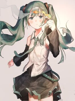 1girl black_skirt black_sleeves blue_eyes blush breasts collared_shirt commentary_request cowboy_shot detached_sleeves fire floating_hair green_hair green_necktie grey_background hand_up hatching_(texture) hatsune_miku highres holding holding_lighter legs_together lighter linear_hatching long_hair long_sleeves looking_at_object looking_up miniskirt necktie parted_lips pleated_skirt shirt simple_background skirt sleeveless sleeveless_shirt small_breasts smoke smoke_trail sodemizu solo standing swept_bangs twintails very_long_hair vocaloid white_shirt wind zippo_lighter