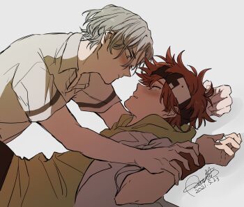 2boys ash_cst blue_eyes blue_hair blush boy_on_top bracelet closed_mouth commentary_request dated eye_contact grey_background hasegawa_langa headband highres hood hoodie jewelry kyan_reki looking_at_another male_focus multiple_boys red_hair shirt short_hair signature simple_background sk8_the_infinity white_shirt yaoi