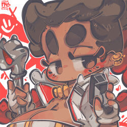 Rule 34 | 1girl, absurdres, animification, apex legends, artist name, breasts, brown eyes, cleavage, dark-skinned female, dark skin, dated, ear piercing, fingerless gloves, gloves, gold choker, grey gloves, grey jacket, highres, holding, holding staff, jacket, jrpencil, large breasts, loba (apex legends), p2020 (pistol), piercing, solo, staff, thick eyebrows, v-shaped eyebrows
